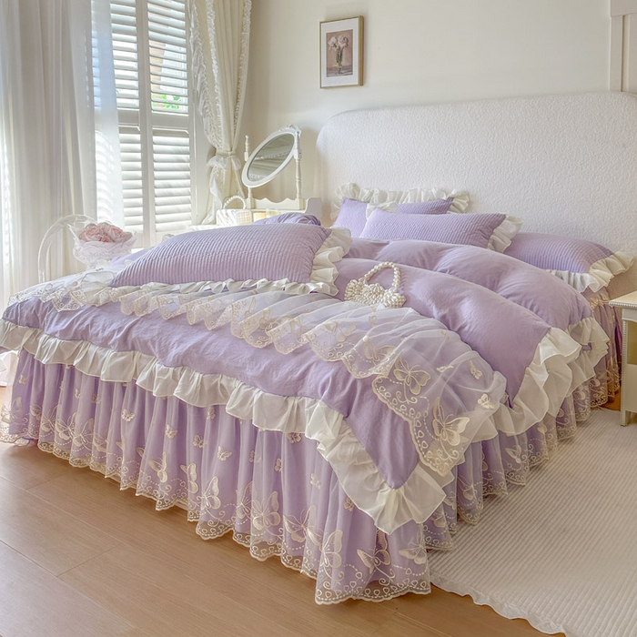 91家纺网 家纺一手货源 找家纺 瑞宝 2026新款泡芙棉花边床裙四件套-米兰系列 米兰-紫色