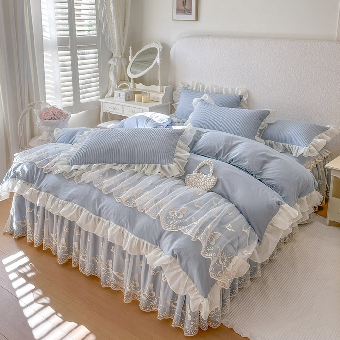 91家纺网 家纺一手货源 找家纺 瑞宝 2026新款泡芙棉花边床裙四件套-米兰系列 米兰-天蓝
