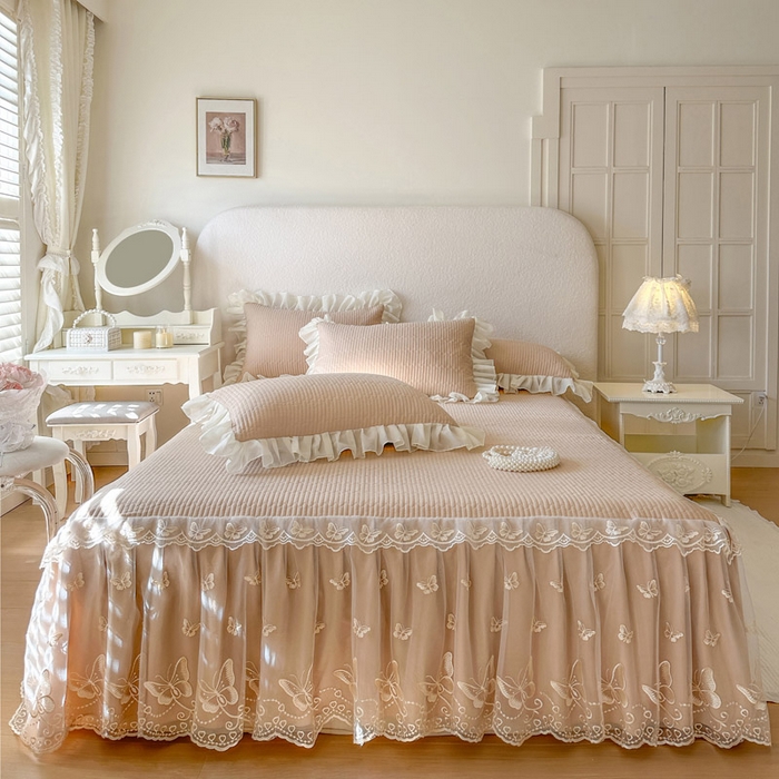 91家纺网 家纺一手货源 找家纺 瑞宝 2026新款泡芙棉花边床裙四件套-米兰系列 米兰-奶咖