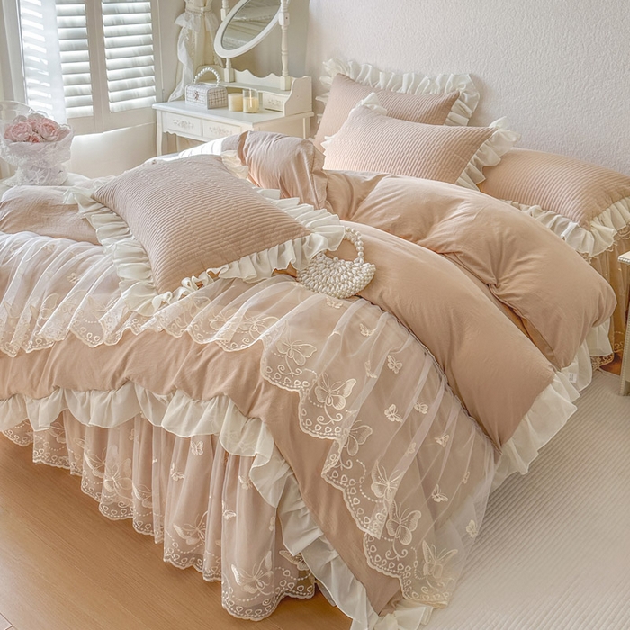 91家纺网 家纺一手货源 找家纺 瑞宝 2026新款泡芙棉花边床裙四件套-米兰系列 米兰-奶咖