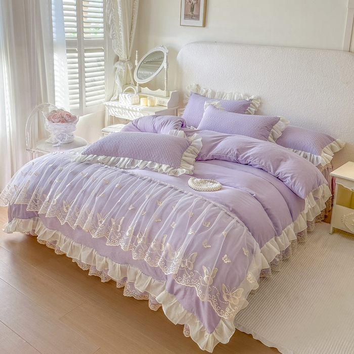 91家纺网 家纺一手货源 找家纺 瑞宝 2026新款泡芙棉花边床裙四件套-米兰系列 米兰-紫色