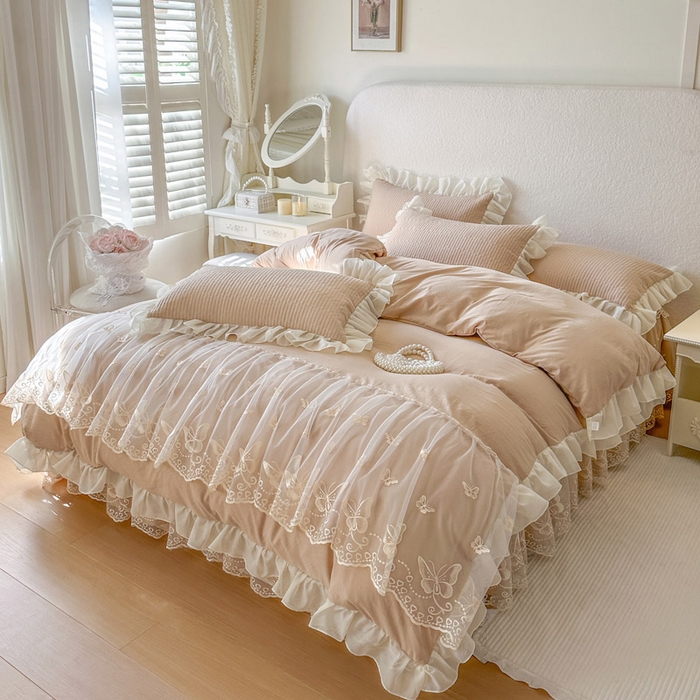 91家纺网 家纺一手货源 找家纺 瑞宝 2026新款泡芙棉花边床裙四件套-米兰系列 米兰-奶咖