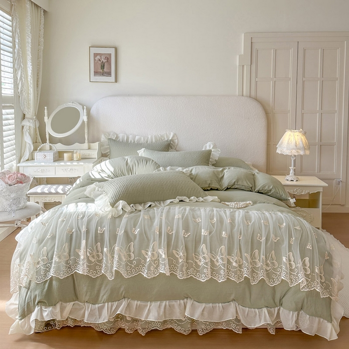 91家纺网 家纺一手货源 找家纺 瑞宝 2026新款泡芙棉花边床裙三件套-米兰系列 米兰-茶绿