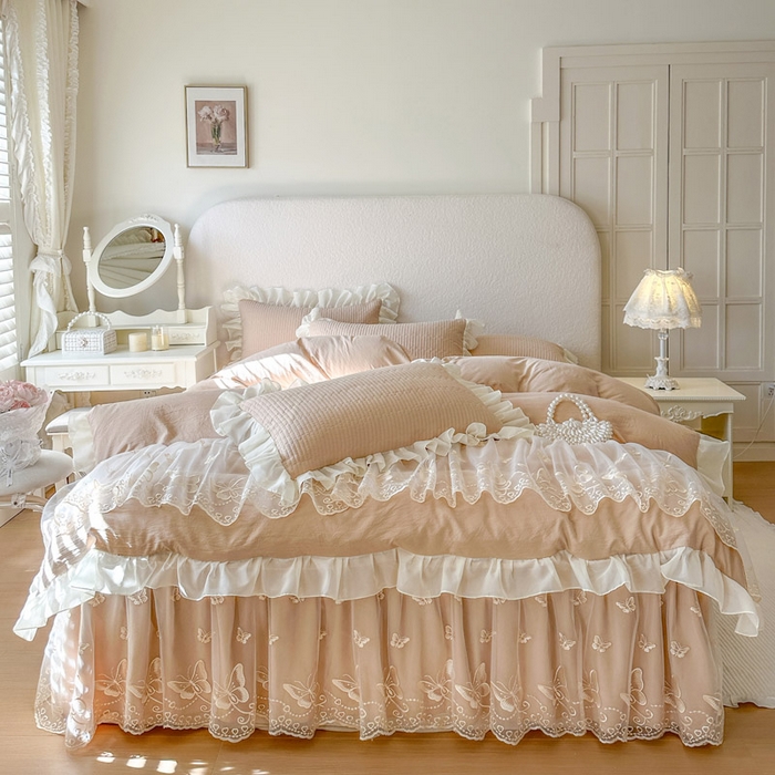 91家纺网 家纺一手货源 找家纺 瑞宝 2026新款泡芙棉花边床裙三件套-米兰系列 米兰-奶咖