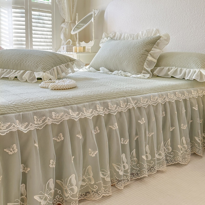 91家纺网 家纺一手货源 找家纺 瑞宝 2026新款泡芙棉花边床裙三件套-米兰系列 米兰-茶绿