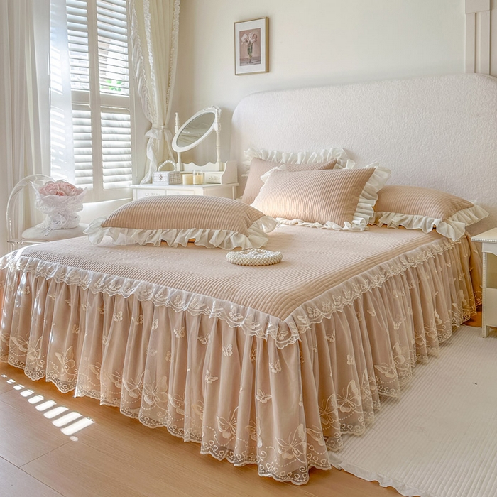 91家纺网 家纺一手货源 找家纺 瑞宝 2026新款泡芙棉花边床裙三件套-米兰系列 米兰-奶咖