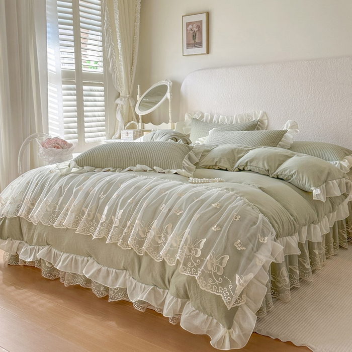 91家纺网 家纺一手货源 找家纺 瑞宝 2026新款泡芙棉花边床裙三件套-米兰系列 米兰-茶绿