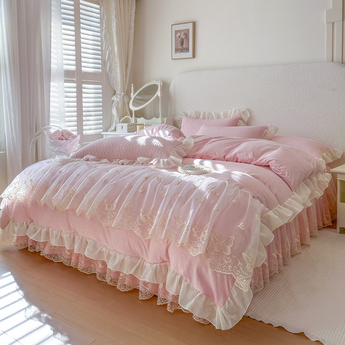 91家纺网 家纺一手货源 找家纺 瑞宝 2026新款泡芙棉花边床裙三件套-米兰系列 米兰-粉樱