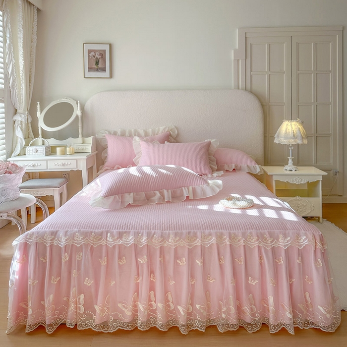 瑞宝 2026新款泡芙棉花边床裙三件套-米兰系列 米兰-粉樱