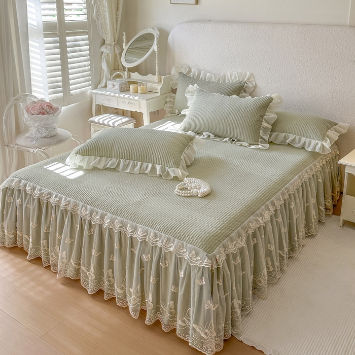 91家纺网 家纺一手货源 找家纺 瑞宝 2026新款泡芙棉花边床裙三件套-米兰系列 米兰-茶绿