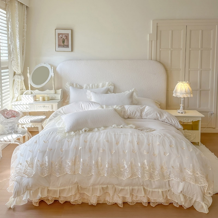 91家纺网 家纺一手货源 找家纺 瑞宝 2026新款泡芙棉花边床裙三件套-米兰系列 米兰-柔白