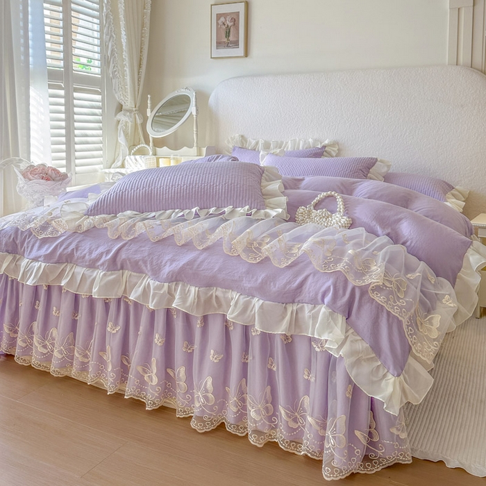 91家纺网 家纺一手货源 找家纺 瑞宝 2026新款泡芙棉花边床裙三件套-米兰系列 米兰-紫色
