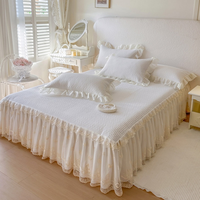 91家纺网 家纺一手货源 找家纺 瑞宝 2026新款泡芙棉花边床裙三件套-米兰系列 米兰-柔白