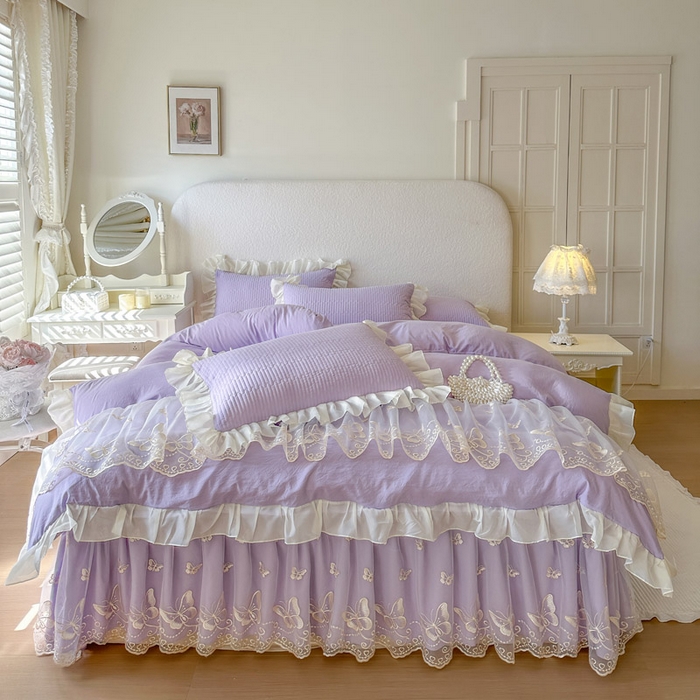91家纺网 家纺一手货源 找家纺 瑞宝 2026新款泡芙棉花边床裙三件套-米兰系列 米兰-紫色