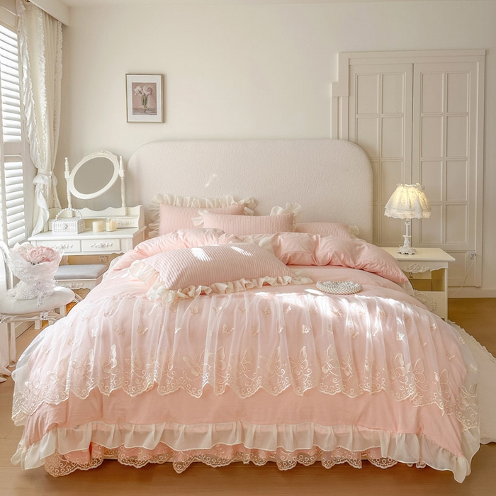 91家纺网 家纺一手货源 找家纺 瑞宝 2026新款泡芙棉花边床裙三件套-米兰系列 米兰-玉色