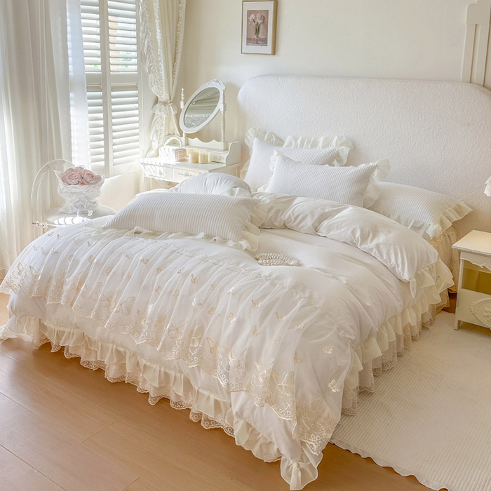 91家纺网 家纺一手货源 找家纺 瑞宝 2026新款泡芙棉花边床裙三件套-米兰系列 米兰-柔白