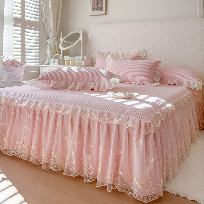 91家纺网 家纺一手货源 找家纺 瑞宝 2026新款泡芙棉花边床裙三件套-米兰系列 米兰-粉樱