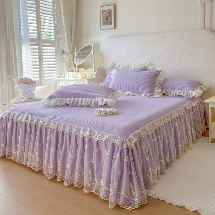 91家纺网 家纺一手货源 找家纺 瑞宝 2026新款泡芙棉花边床裙三件套-米兰系列 米兰-紫色