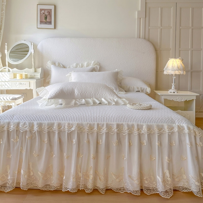 91家纺网 家纺一手货源 找家纺 瑞宝 2026新款泡芙棉花边床裙三件套-米兰系列 米兰-柔白