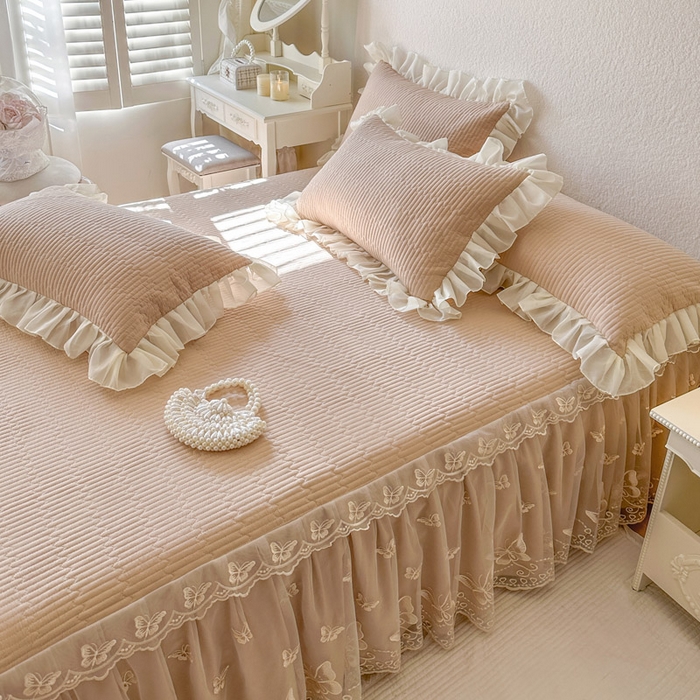 91家纺网 家纺一手货源 找家纺 瑞宝 2026新款泡芙棉花边床裙三件套-米兰系列 米兰-奶咖