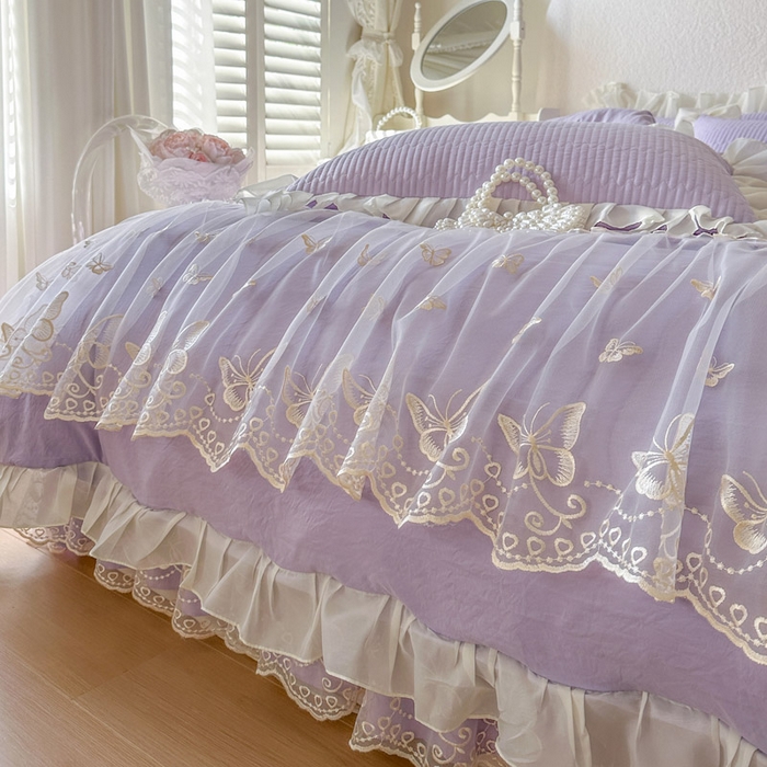 91家纺网 家纺一手货源 找家纺 瑞宝 2026新款泡芙棉花边床裙三件套-米兰系列 米兰-紫色