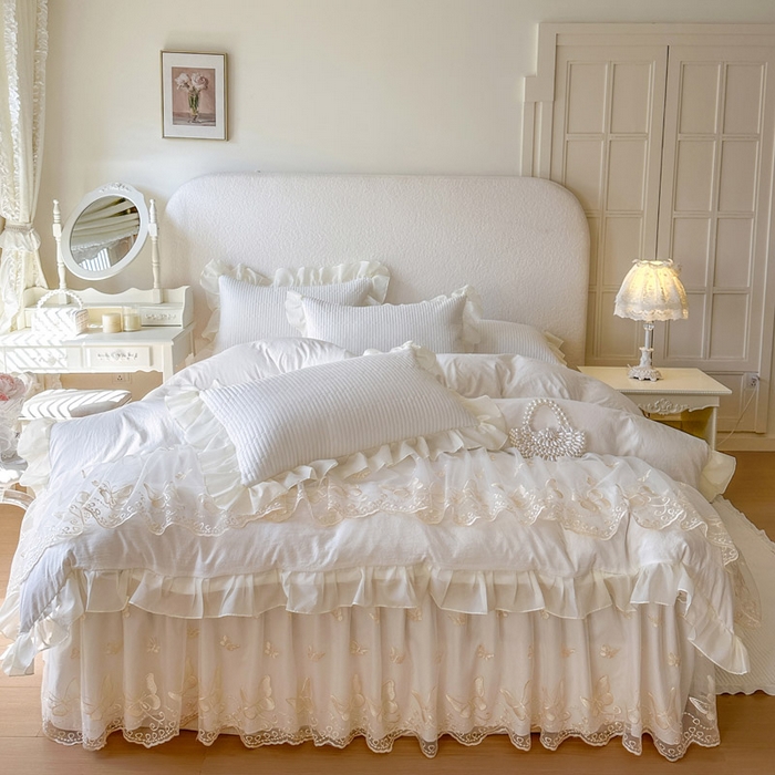 91家纺网 家纺一手货源 找家纺 瑞宝 2026新款泡芙棉花边床裙三件套-米兰系列 米兰-柔白