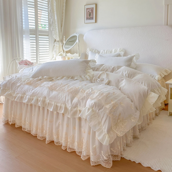 91家纺网 家纺一手货源 找家纺 瑞宝 2026新款泡芙棉花边床裙三件套-米兰系列 米兰-柔白