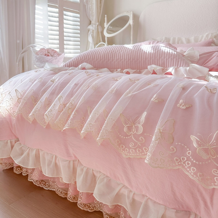 91家纺网 家纺一手货源 找家纺 瑞宝 2026新款泡芙棉花边床裙三件套-米兰系列 米兰-粉樱