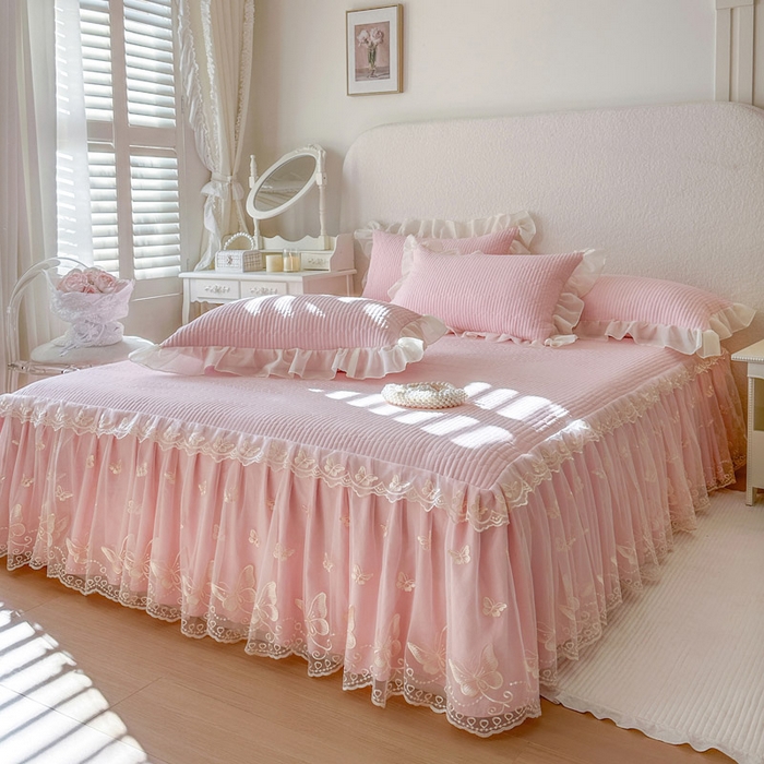 91家纺网 家纺一手货源 找家纺 瑞宝 2026新款泡芙棉花边床裙三件套-米兰系列 米兰-粉樱