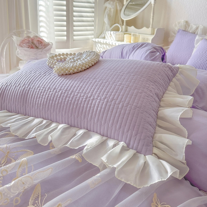 91家纺网 家纺一手货源 找家纺 瑞宝 2026新款泡芙棉花边床裙三件套-米兰系列 米兰-紫色