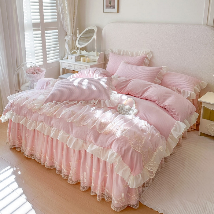 91家纺网 家纺一手货源 找家纺 瑞宝 2026新款泡芙棉花边床裙三件套-米兰系列 米兰-粉樱