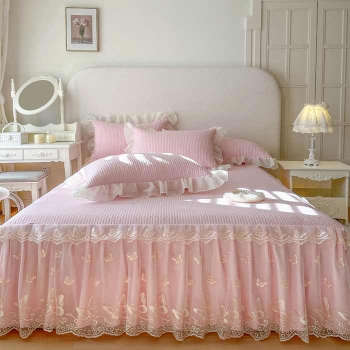 91家纺网 家纺一手货源 找家纺 瑞宝 2026新款泡芙棉花边床裙三件套-米兰系列 米兰-粉樱