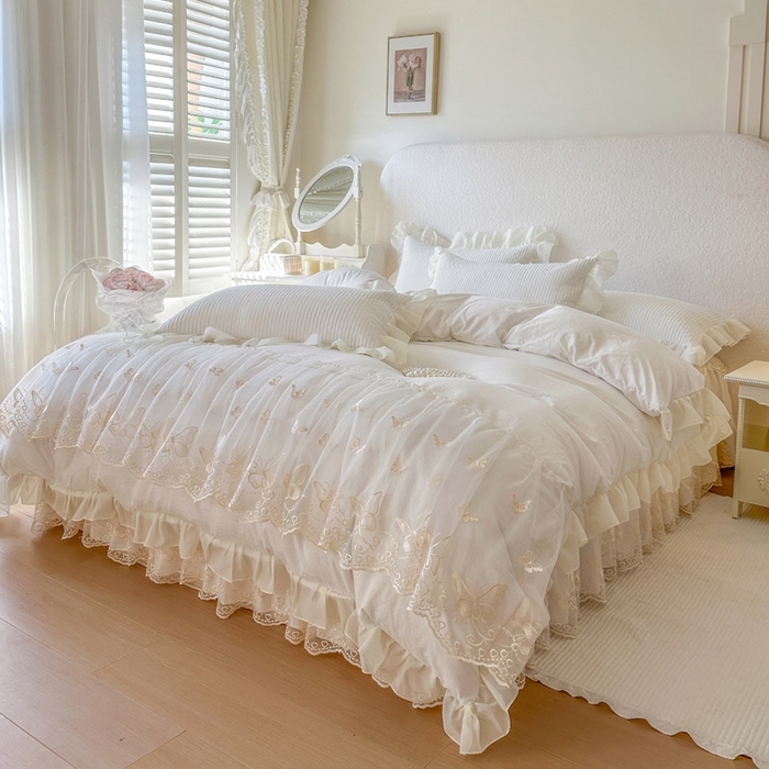 91家纺网 家纺一手货源 找家纺 瑞宝 2026新款泡芙棉花边床裙三件套-米兰系列 米兰-柔白