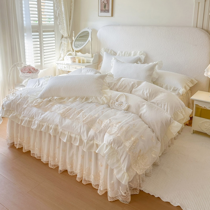 91家纺网 家纺一手货源 找家纺 瑞宝 2026新款泡芙棉花边床裙三件套-米兰系列 米兰-柔白