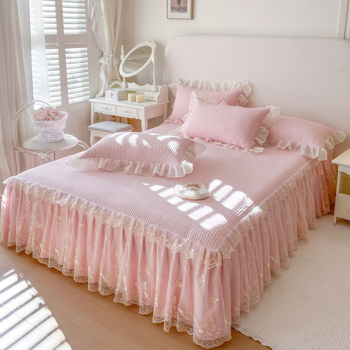 91家纺网 家纺一手货源 找家纺 瑞宝 2026新款泡芙棉花边床裙三件套-米兰系列 米兰-粉樱