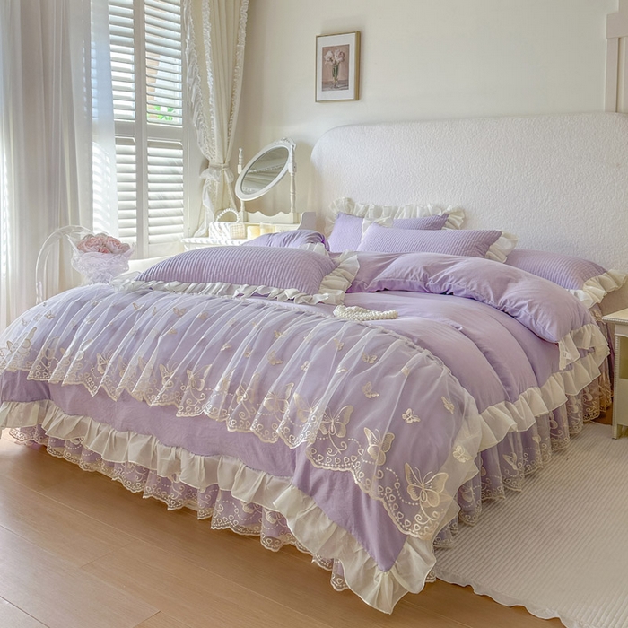 91家纺网 家纺一手货源 找家纺 瑞宝 2026新款泡芙棉花边床裙三件套-米兰系列 米兰-紫色