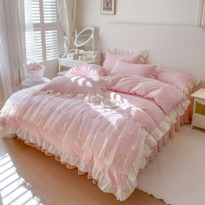 91家纺网 家纺一手货源 找家纺 瑞宝 2026新款泡芙棉花边床裙三件套-米兰系列 米兰-粉樱