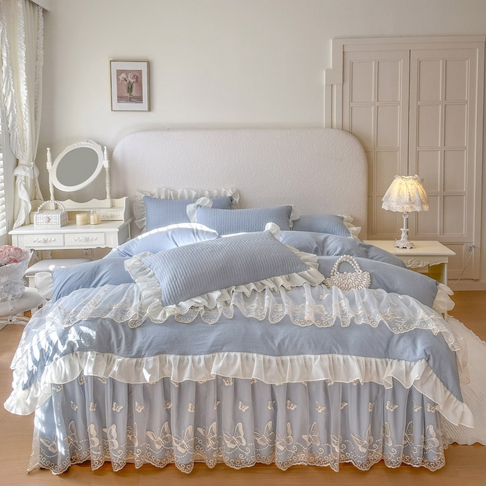 91家纺网 家纺一手货源 找家纺 瑞宝 2026新款泡芙棉花边床裙三件套-米兰系列 米兰-天蓝