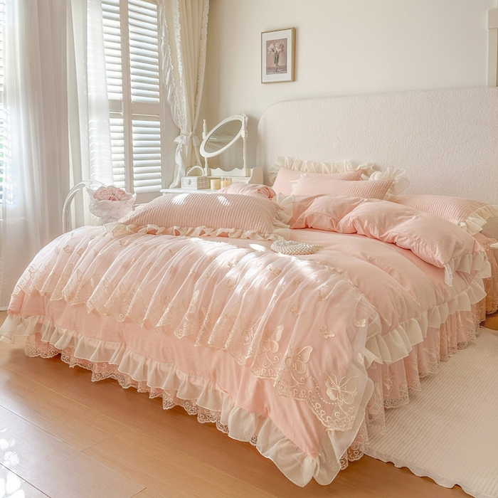 91家纺网 家纺一手货源 找家纺 瑞宝 2026新款泡芙棉花边床裙三件套-米兰系列 米兰-玉色