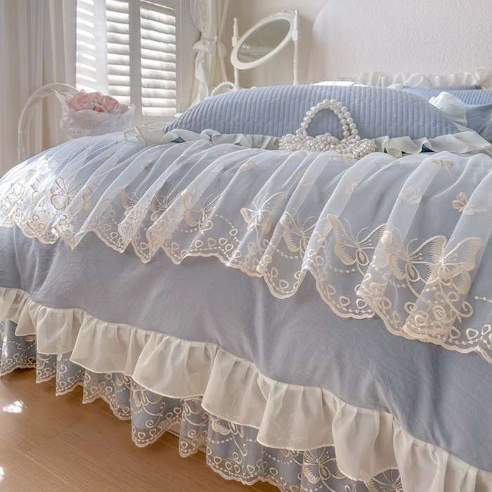 91家纺网 家纺一手货源 找家纺 瑞宝 2026新款泡芙棉花边床裙三件套-米兰系列 米兰-天蓝