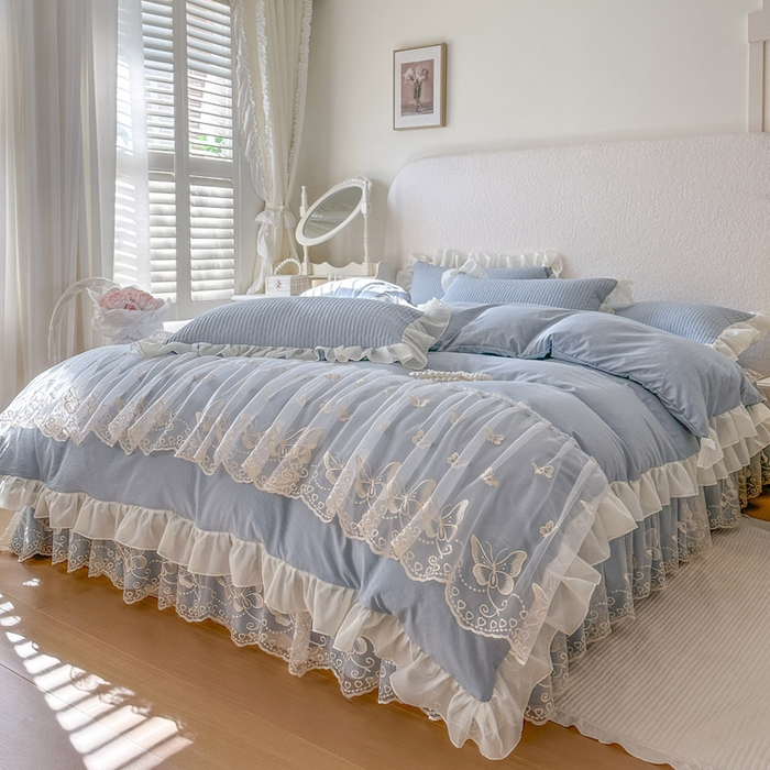 91家纺网 家纺一手货源 找家纺 瑞宝 2026新款泡芙棉花边床裙三件套-米兰系列 米兰-天蓝