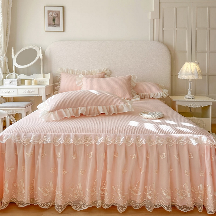 91家纺网 家纺一手货源 找家纺 瑞宝 2026新款泡芙棉花边床裙三件套-米兰系列 米兰-玉色