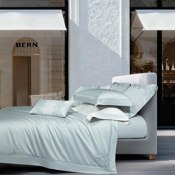 91家纺网 家纺一手货源 找家纺 诗黛尔 2026春夏新款长绒棉刺绣 克罗星系列 克罗星-极光蓝