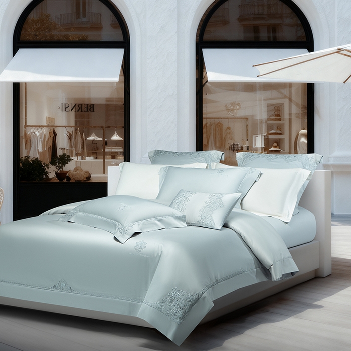 91家纺网 家纺一手货源 找家纺 诗黛尔 2026春夏新款长绒棉刺绣 克罗星系列 克罗星-极光蓝