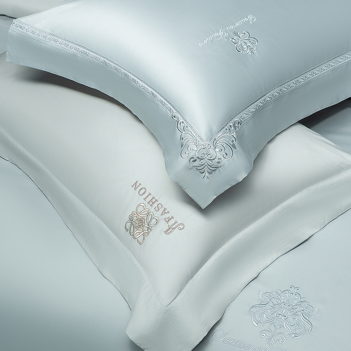 91家纺网 家纺一手货源 找家纺 诗黛尔 2026春夏新款长绒棉刺绣 克罗星系列 克罗星-极光蓝