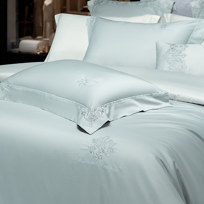 91家纺网 家纺一手货源 找家纺 诗黛尔 2026春夏新款长绒棉刺绣 克罗星系列 克罗星-极光蓝