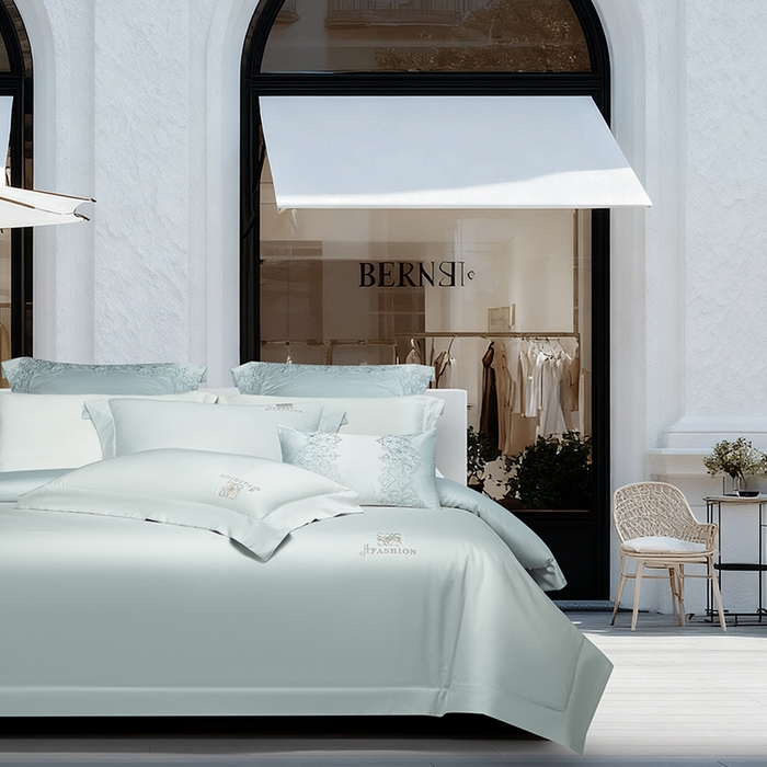 91家纺网 家纺一手货源 找家纺 诗黛尔 2026春夏新款长绒棉刺绣 克罗星系列 克罗星-极光蓝