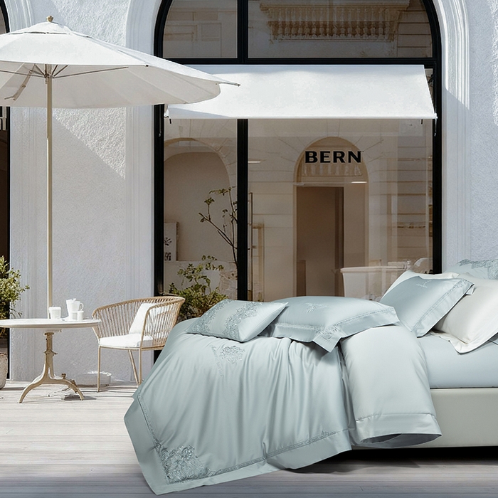 91家纺网 家纺一手货源 找家纺 诗黛尔 2026春夏新款长绒棉刺绣 克罗星系列 克罗星-极光蓝