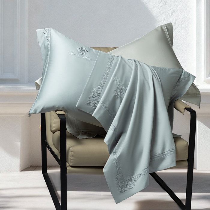 91家纺网 家纺一手货源 找家纺 诗黛尔 2026春夏新款长绒棉刺绣 克罗星系列 克罗星-极光蓝