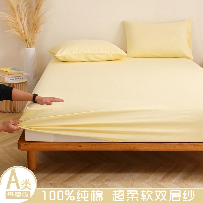 91家纺网 家纺一手货源 找家纺 晶缦家纺 2026新款纯棉纯色A类全棉双层纱单品床笠床笠单件单床笠（水洗预处理）-觅琳系列 觅琳-浅蜜黄